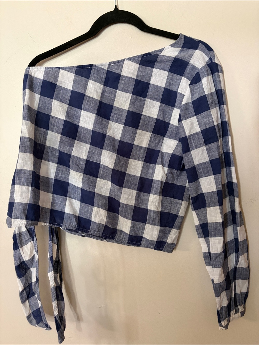 L'Academie Navy and White Gingham One-Shoulder Tie-Waist Top - Picture 4 of 4